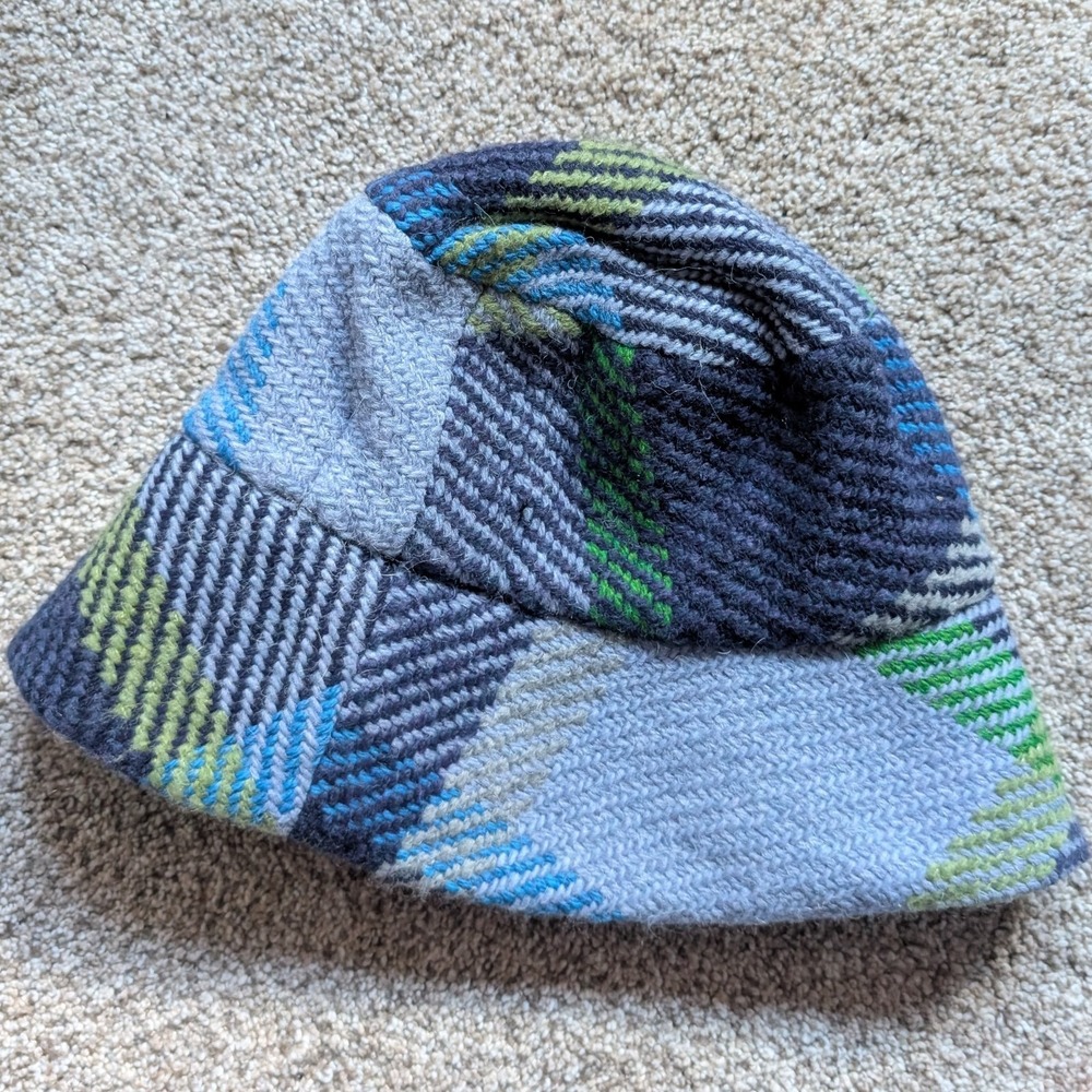 NWT Aran Sweater Market Wool Blend Plaid Bucket Hat Blue Green Cottage Irish